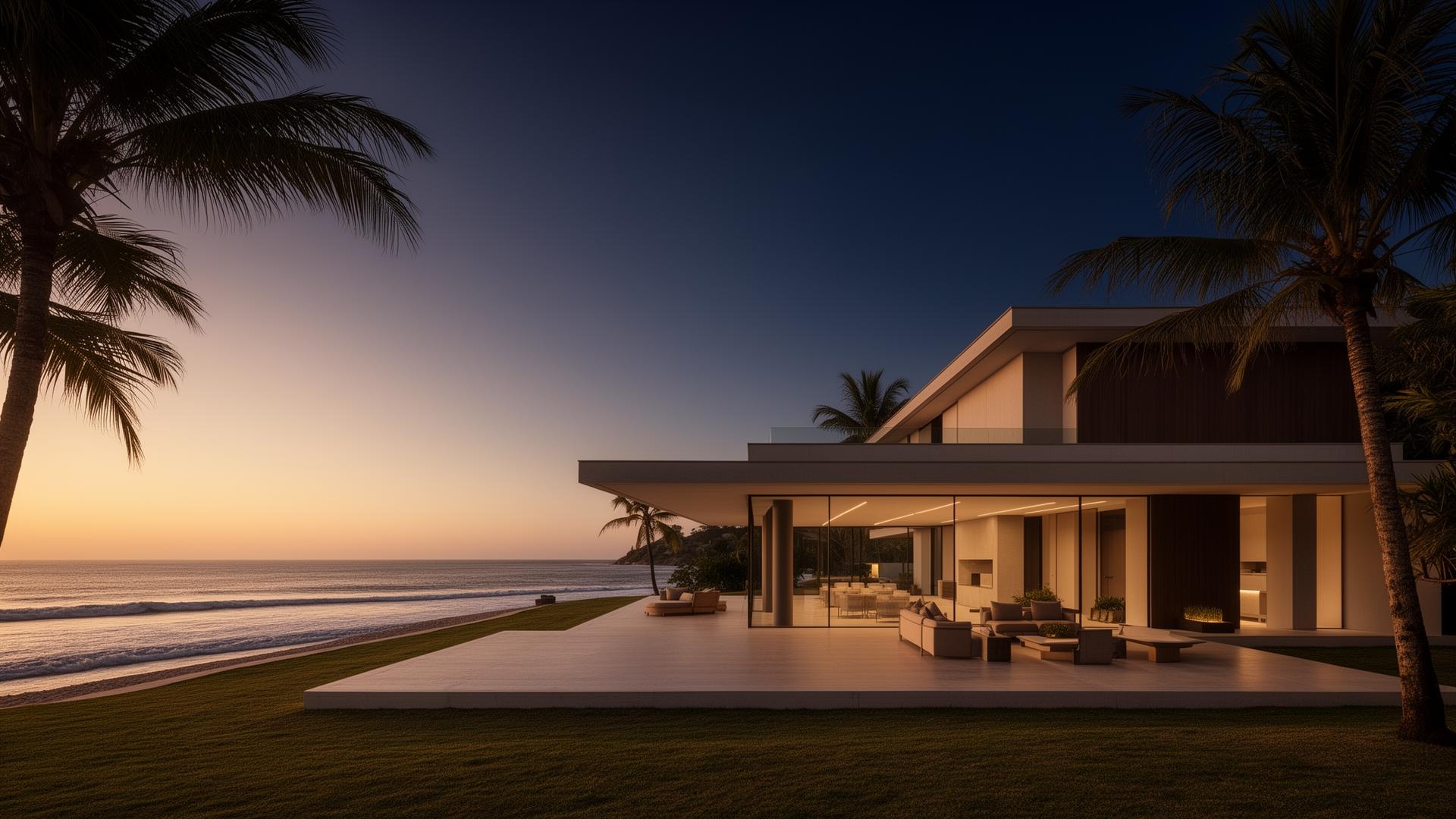 Casa contemporânea à beira-mar ao entardecer